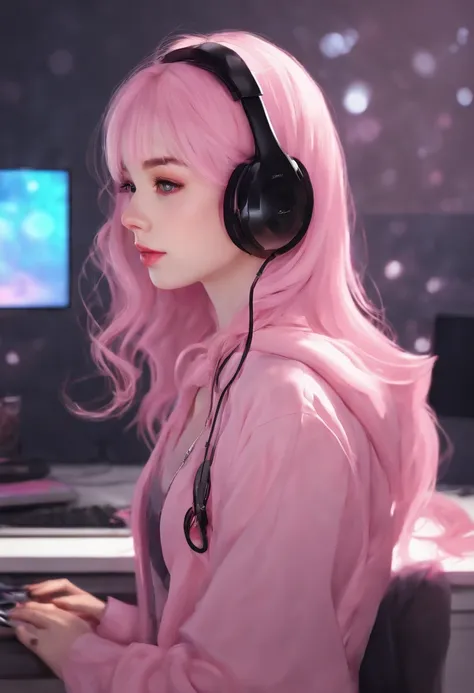 uma menina com fones de ouvido e uma camisa rosa, Streamer do Twitch, estilo anime 4K, ig studios estilo anime, longos cabelos rosa junto com um garoto de cabelos pretos alto, e magro