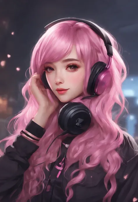 uma menina com fones de ouvido e uma camisa rosa, Streamer do Twitch, estilo anime 4K, ig studios estilo anime, longos cabelos rosa junto com um garoto de cabelos pretos alto, e magro