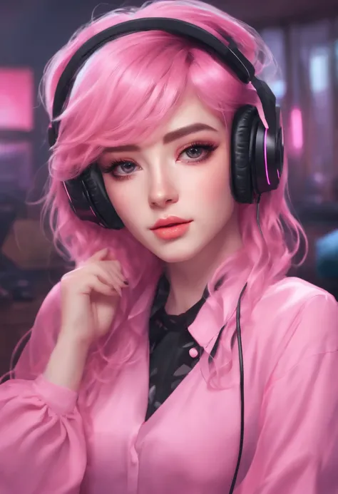 uma menina com fones de ouvido e uma camisa rosa, Streamer do Twitch, estilo anime 4K, ig studios estilo anime, longos cabelos rosa junto com um garoto de cabelos pretos alto, e magro