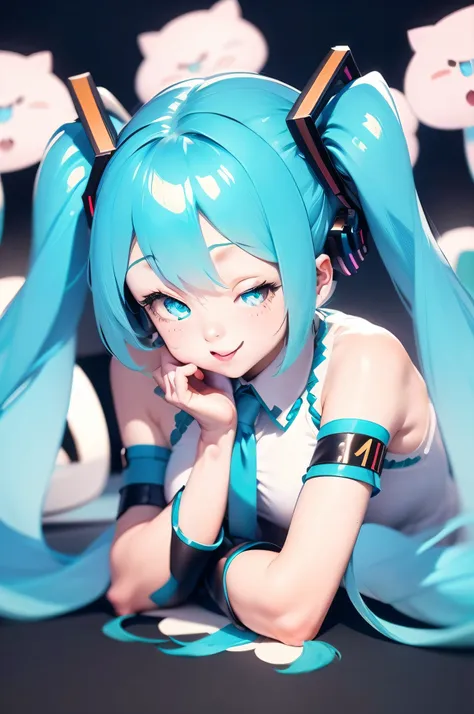 (masterpiece, intricate details), 1girl, mature female, idea _face, break hatsunemiku, (hatsune miku, glowing eyes), , miku hats...