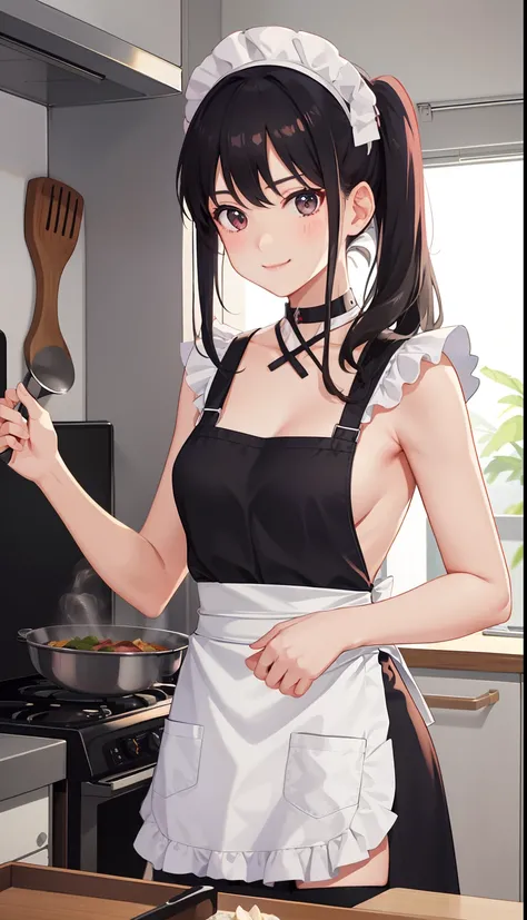 1girl in、A smile、Cooking in your room、barechested、Wearing only an apron、tight apron, choker, white apron, no frills, medium breast、