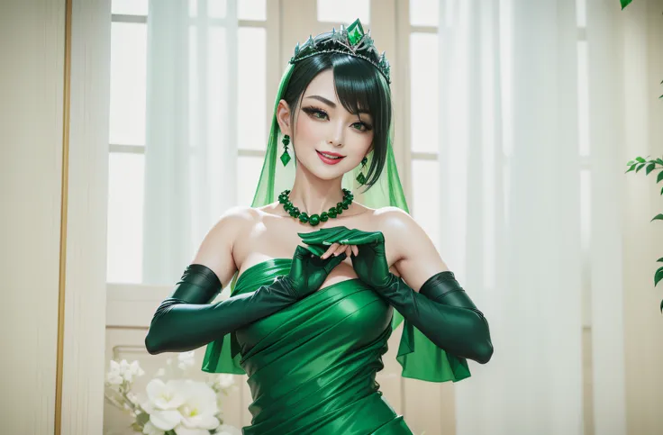 Boyish very short black hair, lipsticks, Japan woman smiling, Green Long Grove,　Emerald Tia boyish very short black hair, lipsticks, Japan woman smiling, Satin green long gloves,　emerald tiara, Green Pearl Necklace, verd s eyes, Green eyes, Long green glov...