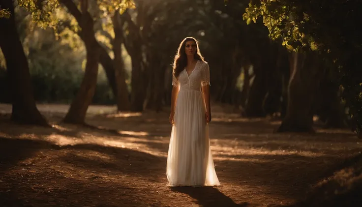 um anjo que emana luz divina, um anjo de Deus que aparece a uma jovem mulher judia, its a biblical passage, o anjo esta envolto em luz, The scene takes place under trees, The young woman is simple