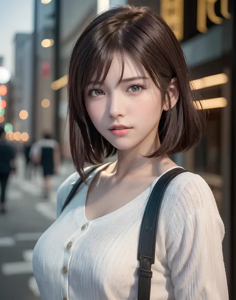 (​masterpiece: 1.3), (8K, Photorealista, Photo RAW, top-quality: 1.4), Esbian, Walking the streets of Tokyo,  (1girl in), gorgeous faces, (Lifelike face), (A dark-haired, short-haired: 1.3), Gorgeous hairstyle, realisticeyes, beautiful finely detailed eyes...