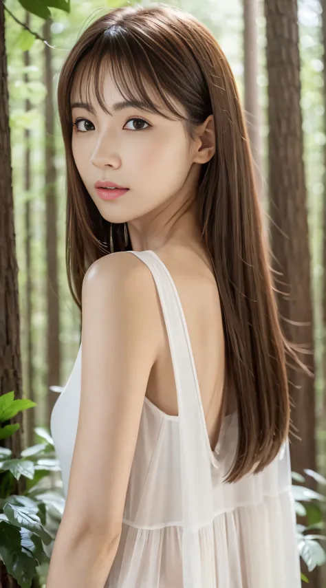 1womanl, up of face, mideum breasts, light brown hair, Blunt bangs, hair behind ear, hair over shoulder, Long hair, slender body shape, Ultra Fine Face, Thin face, Delicate lips, Beautiful eyes, thin blush, eyes are light brown, perfect glossy skin, flawle...