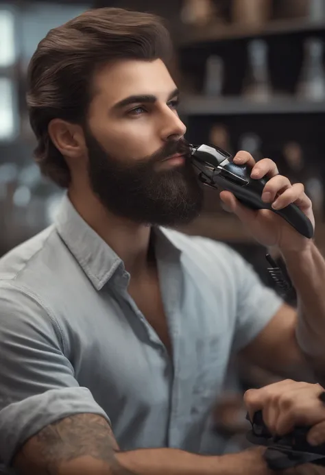 Arafed man with a beard cutting machine and a haircutter, Ultra-detalhe, Ultra - detalhe, 360º, !!Beautiful!!, Beautiful!!!, retirar, ultra realistic, ultra realistic!!!, imagem do produto de alta qualidade", macho!!, hyper realistic, nariz menor, modelo b...