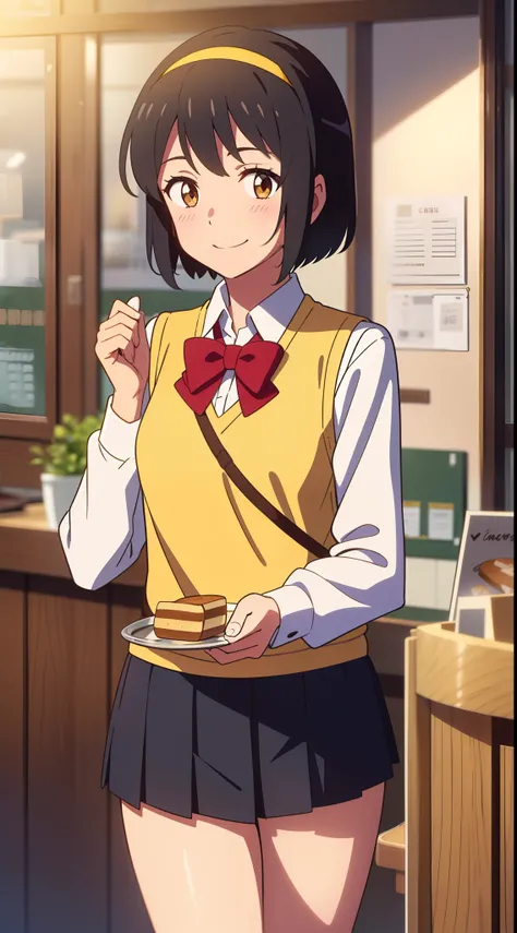 shinkai makoto, kimi no na wa., 1girl, 1boy, couple, bangs, black hair, blush, bow, brown eyes, collared shirt, headband, looking at the viewer, red bow, red headband, red ribbon, school uniform, shirt, short hair, smile, solo, sweater vest, vest, white sh...