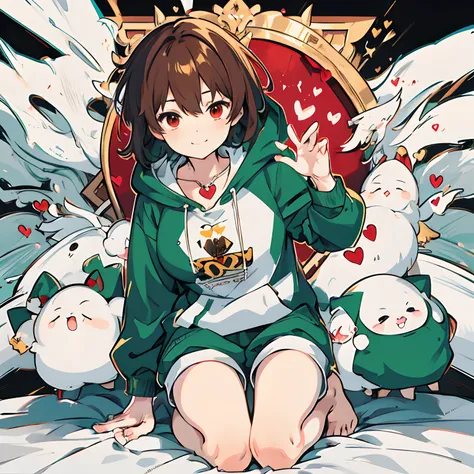 undertale，chara，solo person，shadowing，Grinning，red - eyed，Sick，morden，Cold-blooded killer，Green hoodie，exposing her chest，brown shorts，holding dagger，stocklings，Full body standing painting，with short brown hair，Be red in the face，Hand repair，the detail，k h...