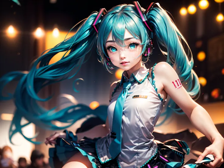 (masterpiece, intricate details), 1girl, mature female, idea _face, break hatsunemiku, (hatsune miku, glowing eyes), , miku hats...