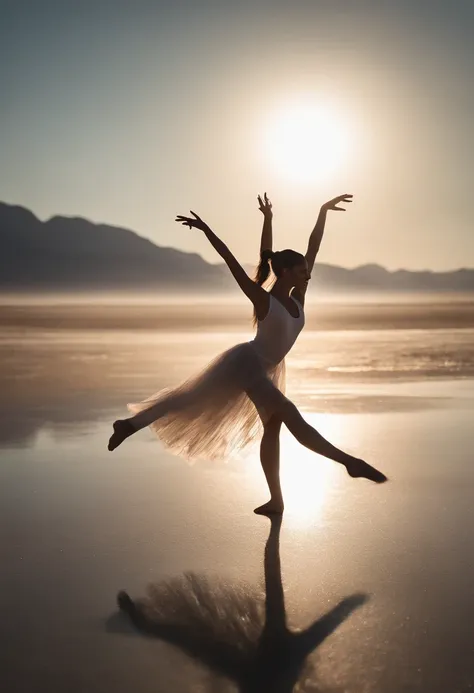 masutepiece, Original, from behind, Full body, Ballerina silhouette, ballet pose, Reach for the stars, Starlight reflected at her feet, Salt Flats Environment, Princess, sundress, Porcelain Skin, Long floating hair, Shimmering iridescent hair, Race traject...