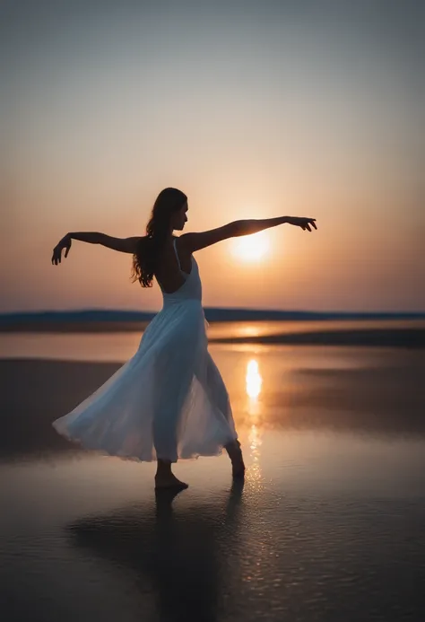 masutepiece, Original, from behind, Full body, Ballerina silhouette, ballet pose, Reach for the stars, Starlight reflected at her feet, Salt Flats Environment, Princess, sundress, Porcelain Skin, Long floating hair, Shimmering iridescent hair, Race traject...