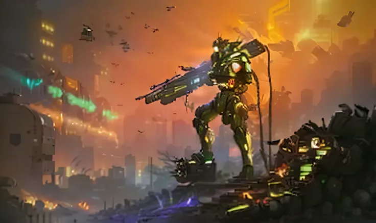 The Alafard robot holds a gun on a city rooftop, discarded mech in background, cyberpunk soldier, killzone, Cyber Mech, cyberpunk cyborg, master chief in cyberpunk city, cyberpunk knight, Mecha warrior, Cyberpunk cyborg, depicted as a scifi scene, futurist...