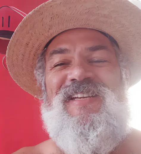 there is a man with a beard and a hat smiling, david rios ferreira, selfie de um homem, , barba branca completa, Carmelo Blandino, with red haze and a massive grin, ele tem cerca de 60 anos