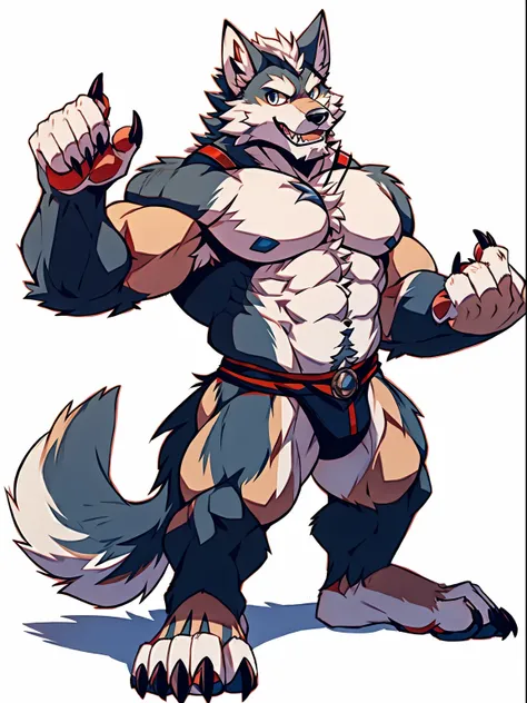 Human-wolf，musculous，Hairy all over，clawed paws，erect through