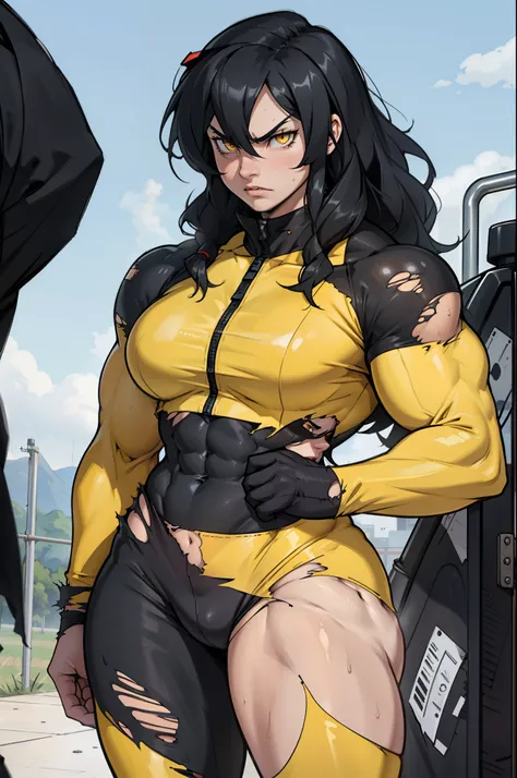 black hair, yellow eyes, solo, sweaty, shiny skin, angry, pale skin, ((((((muscular, 1girl)))))), curvy, thin waist, very long hair, cowboy shot, sweaty, perky breasts, pilot suit, ((torn clothes))