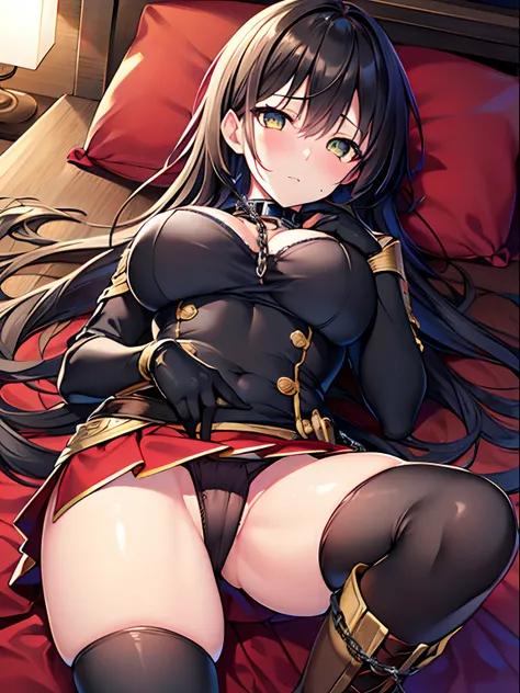 Highly detailed and realistic CG, Colorful, Masterpiece, Best Quality, magnificent, jewel-like eyes, 1girl, solo, Brave, female hero, black hair, wavy hair, long hair, brave costume, brave boots, miniskirt, large breasts, black body suits, agony, suffer, l...