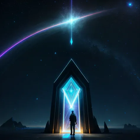 A man stands in the doorway，The image of Alphad with a star in the sky, entrance to ethereal realm, gateway to another universe, portal to the ethereal realm, artgem and beeple masterpiece, gateway to another dimension, star - gate of futurisma, doors that...