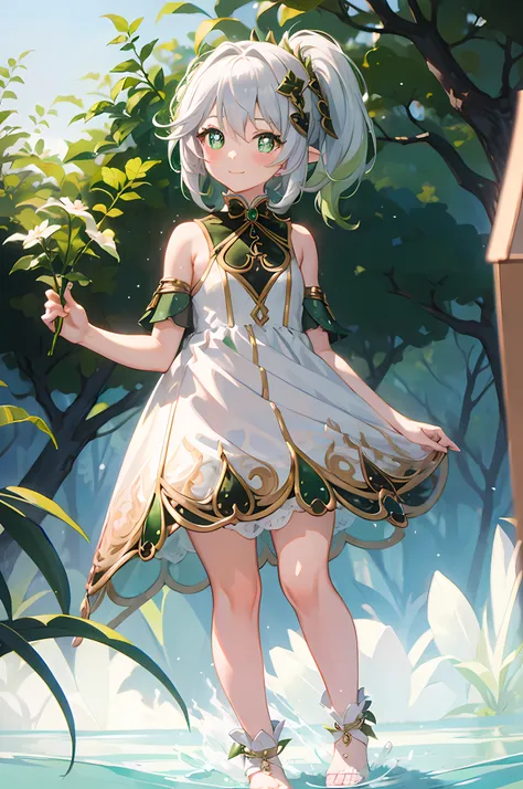 1girl,short hair,pony tail,chibi,cute face,happy,smile,blush,beautiful pose,perfectly detailed eyes,wistful expression,forest background,full body shot,best quality,masterpiece:1.2,high resolution,looking directly at viewer,realistic,soft natural lighting