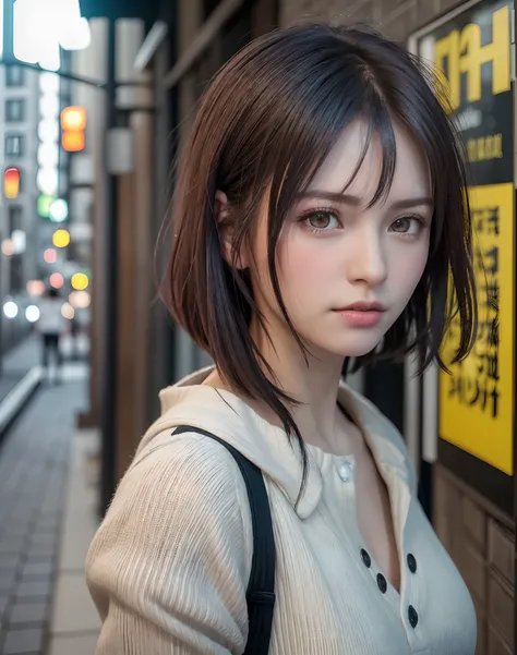 (​masterpiece: 1.3), (8K, Photorealista, Photo RAW, top-quality: 1.4), Esbian, Walking the streets of Tokyo,  (1girl in), gorgeous faces, (Lifelike face), (A dark-haired, short-haired: 1.3), Gorgeous hairstyle, realisticeyes, beautiful finely detailed eyes...