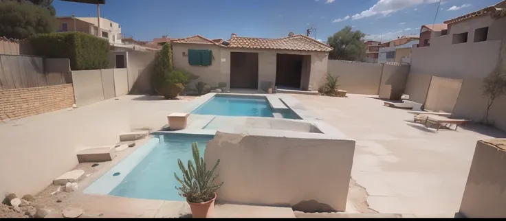 There is a pool in the middle of a concrete block, piscina em frente, imagem frontal, piscina, imagem de listagem, piscina, Foto realista, Fotografia tirada em 2 0 2 0, adreas Rocha, em Chuquicamata, casa completa, vista externa, piscina, imagem limpa, cou...