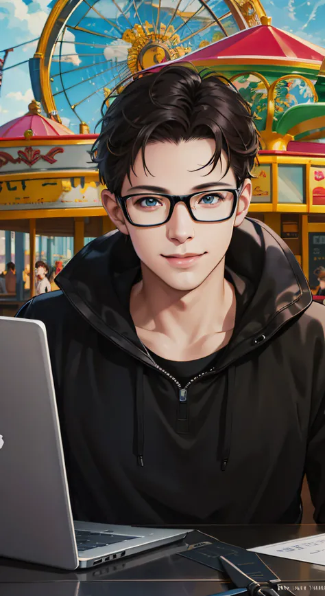 Close up portrait of a person sitting at a laptop table, The background is a stylish space like an amusement park, Eta, There are no people at all., Pink lips, Friendly atmosphere, Smiling a little, Realistic art style, Peter Parker, Looks intelligent, eye...