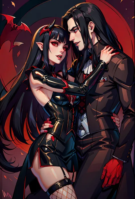 Vampire Pale man, long black hair and black vampire clothes vampire outfit, vampire man with long hair Red glow in the eyes, blood dripping from the mouth, vampire fangs, vampire couple, vampire love and a Vampire pale woman with black hair with bangs blac...