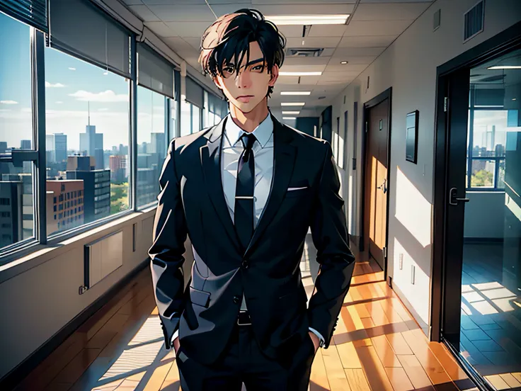 Handsome boy, Standing by the window in the office, Behind floor-to-ceiling windows, With a serious face, Looking straight ahead, Wearing a black suit and shirt,