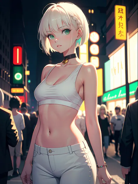 masterpiece, best quality, nsfw, 1girl, platinum blonde hair, short hair, green eyes, braids, small perky breasts, on the street...