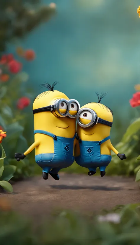 2 minions,dancing on the garden,minimalist colors,happy,playful,whimsical,soft lighting,high-res,4k,8k,best quality