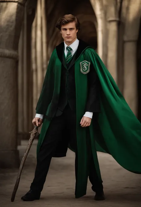 Slytherin costume from the Harry Potter saga, magic, realistic cinematic effect, Harry Potter wand in the right hand.