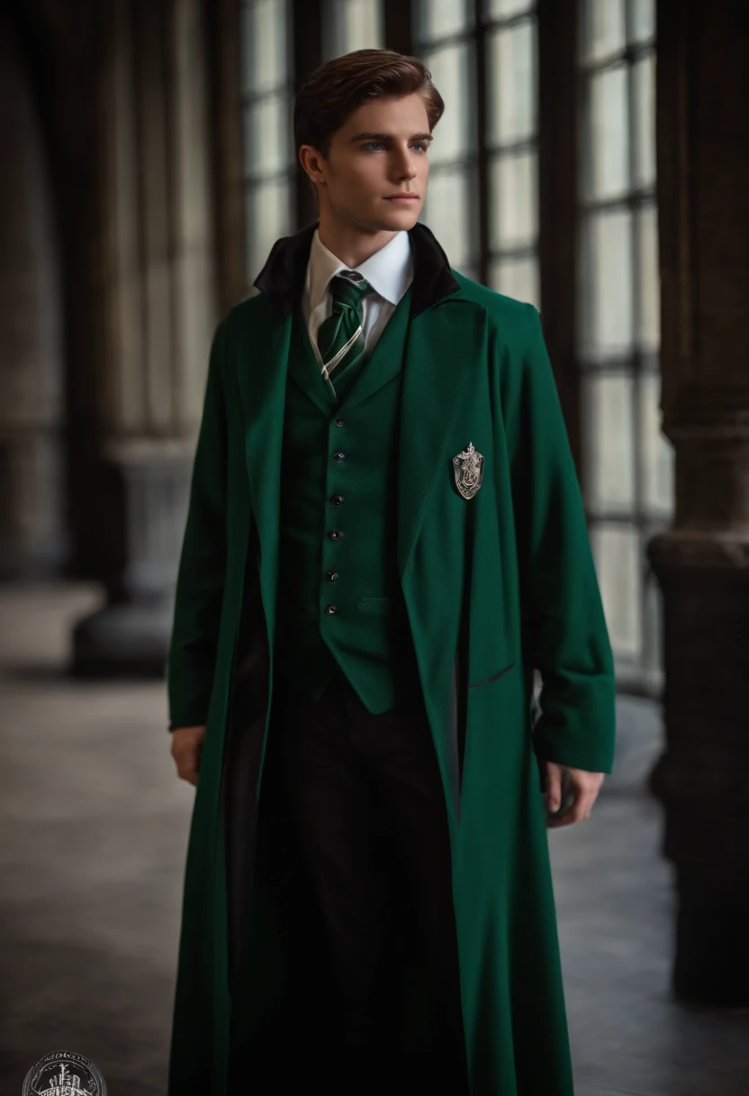 Slytherin costume from the Harry Potter saga, magic, realistic cinematic effect, Harry Potter wand in the right hand.