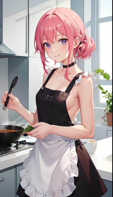 1girl in、A smile、Cooking in your room、barechested、, Wearing only a small apron、simple apron, simple design apron, tight apron, (white apron), one-piece apron, covering only the front, bareback, bare bottom, medium breast, Black choker,