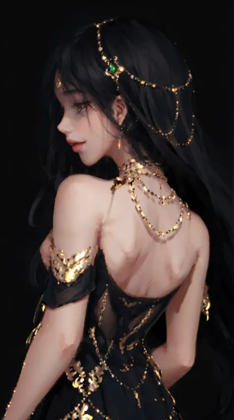 1girl, solo, jewelry, long_hair, black_hair, from_behind, gem, upper_body, earrings, necklace, profile, back, eyelashes, closed_mouth, dress, circlet, nape, head_chain, shoulder_blades, back_focus, gold, simple_background, bare_back, black_dress, black_bac...