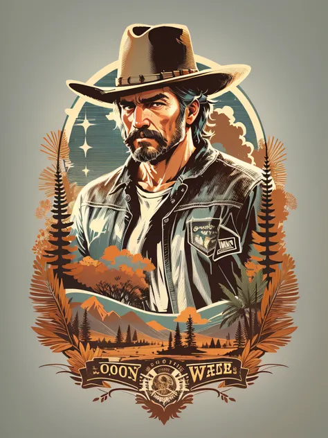 High quality design vector style image, t-shirt print style, cowboy graphic art white background realistic colors, american old west scene, vector image.