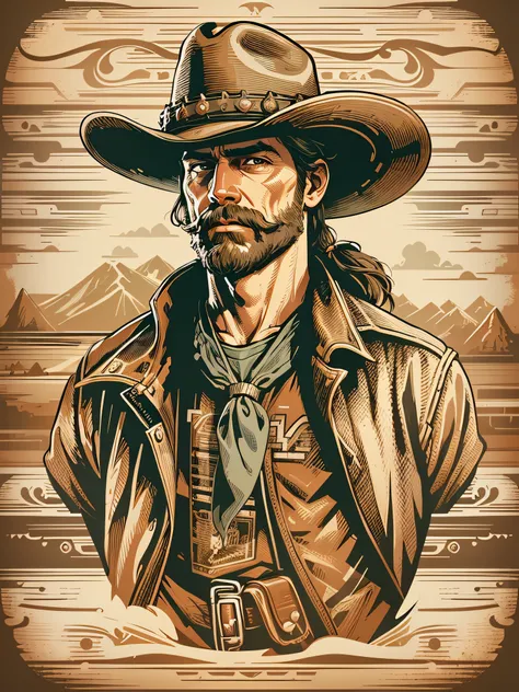 High quality design vector style image, t-shirt print style, cowboy graphic art white background realistic colors, american old west scene, vector image.