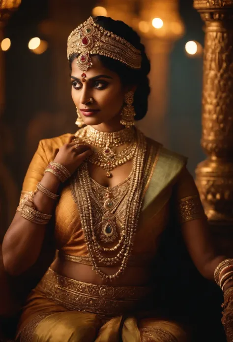 photo-realistic,studio-quality portrait of a fair south indian mythical ancient queen wearing luxurious and ornate clothing. intricate details opals and floral embellishments, diffused lighting,symmetrical depth of field,sharp focus,unreal engine