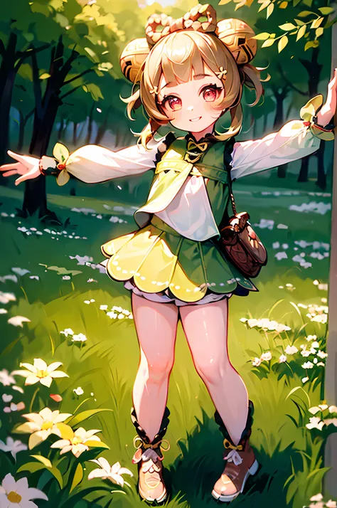 1girl,short hair,pony tail,chibi,cute face,happy,smile,blush,beautiful pose,perfectly detailed eyes,wistful expression,forest background,full body shot,best quality,masterpiece:1.2,high resolution,looking directly at viewer,realistic,soft natural lighting