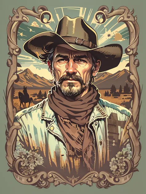 High quality design vector style image, t-shirt print style, cowboy graphic art white background realistic colors, american old west scene, vector image.