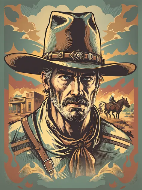 High quality design vector style image, t-shirt print style, cowboy graphic art white background realistic colors, american old west scene, vector image.