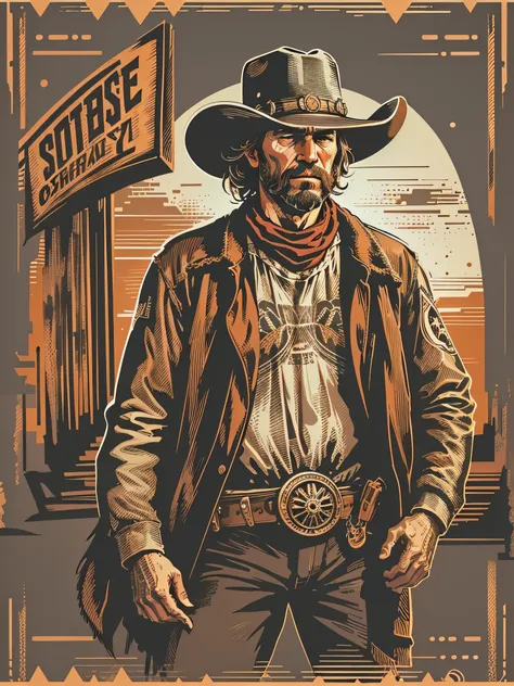 High quality design vector style image, t-shirt print style, cowboy graphic art white background realistic colors, american old west scene, vector image.