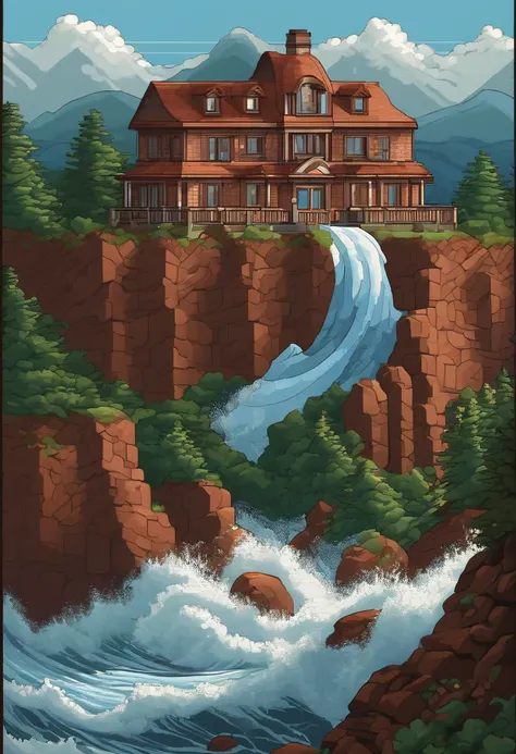 a brick house on a mountain above a giant tsunami wave, in pixel art style