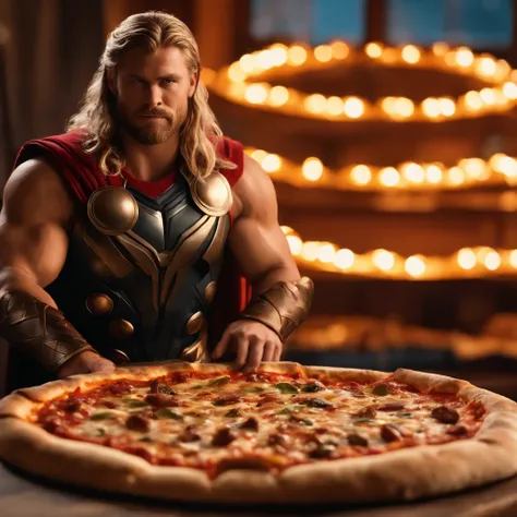 Muy gordo Thor come pizza grande, Detalles altos, Ultra foto realsisim, realista, 8k