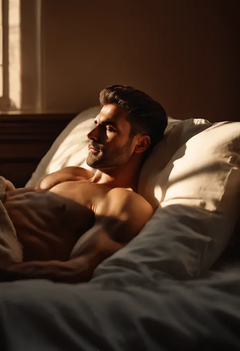 realistic, masterpiece, intricate details, detailed background, depth of field, cinematic, pectorals, abs, , erection, large , photo of a handsome (spanish man) lying in bed, bedroom, window, volumetric light, sweaty,