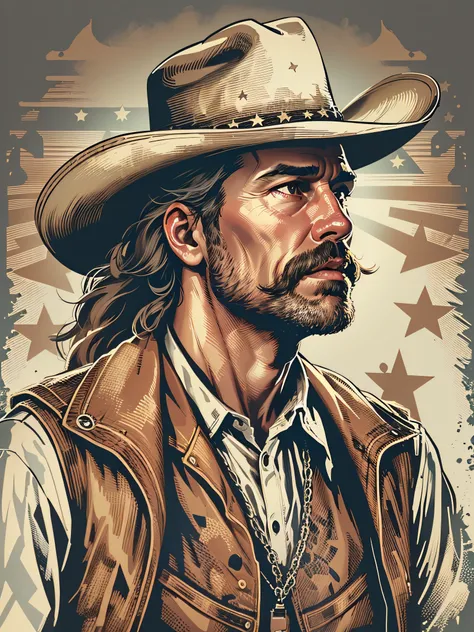 High quality design vector style image, t-shirt print style, cowboy graphic art white background realistic colors, american old west scene, vector image.