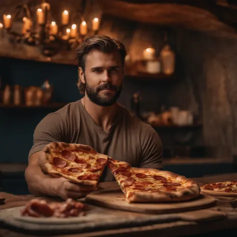 Muy gordo Thor come pizza grande, Detalles altos, ultra foto realsisim, realista, 8k