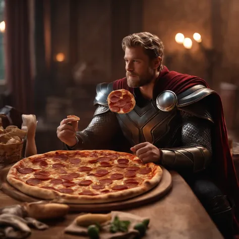 Muy gordo Thor come pizza grande, Detalles altos, ultra foto realsisim, realista, 8k