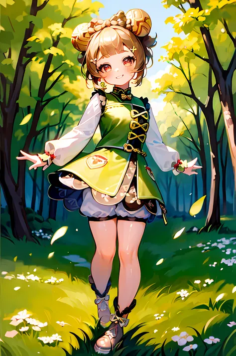 1girl,short hair,pony tail,chibi,cute face,happy,smile,blush,beautiful pose,perfectly detailed eyes,wistful expression,forest background,full body shot,best quality,masterpiece:1.2,high resolution,looking directly at viewer,realistic,soft natural lighting