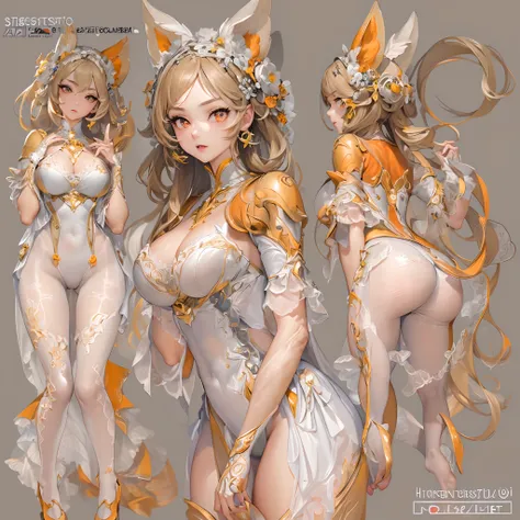 ((Masterpiece, Highest quality)), Detailed face, CharacterDesignSheet， full bodyesbian, Full of details, Multiple poses and expressions, Highly detailed, Depth, Many parts，beuaty girl，Detailed eyes, ssee-through，Orange caramel，lacepantyhose，estilo fantasia...