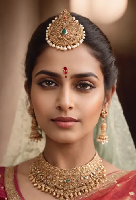 photo-realistic,studio-quality portrait of a fair south indian mythical ancient queen wearing luxurious and ornate clothing. intricate details opals and floral embellishments, diffused lighting,symmetrical depth of field,sharp focus,unreal engine