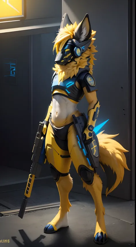 Femboy protogen with wide hips, yellow hair, and yellow emissive highlights. blue eyes. Detailed orange fur tufts, holding futuristic gun. Blue symbols. Standing confused.